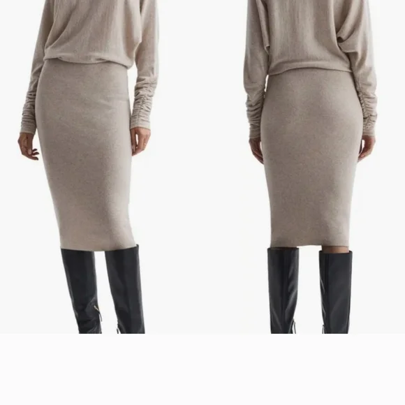 REISS Leila Ruched Sleeve Midi Dress in neutral, size L EUC, worn twice! - Picture 2 of 5